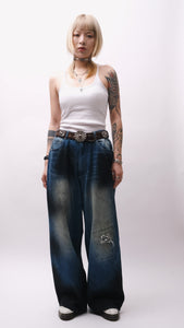 Footloose Tycoon Painted & Faded Wide-Leg Distressed Jeans