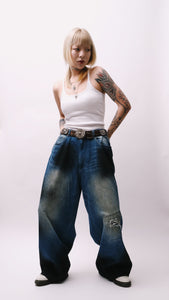 Footloose Tycoon Painted & Faded Wide-Leg Distressed Jeans