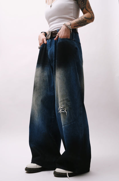 Footloose Tycoon Painted & Faded Wide-Leg Distressed Jeans