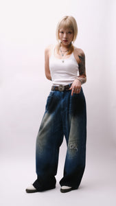 Footloose Tycoon Painted & Faded Wide-Leg Distressed Jeans